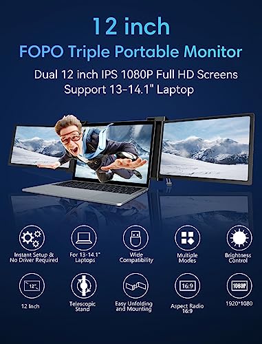 FOPO 12" Triple Laptop Screen Extender Triple Portable Monitor for 13"-14.1" Laptop, FHD 1080P IPS Dual Display, with Type-C/HDMI for Windows/MacOS/Switch -S12