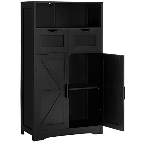 WEENFON Bathroom Cabinet, Floor Cabinet with 2 Doors & 2 Drawers, Bathroom Storage Cabinet with Adjustable Shelf, Freestanding Wooden Storage Organizer for Bedroom, Living Room, Hallway, Black