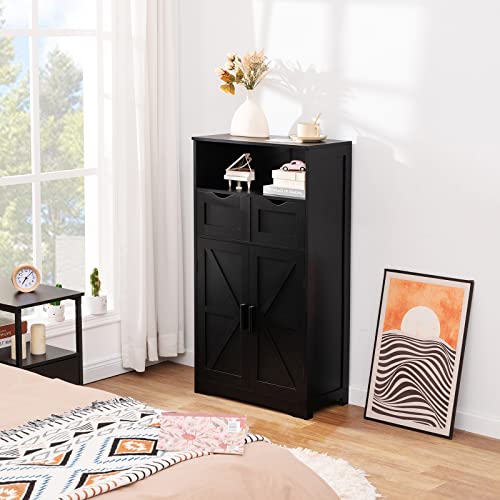 WEENFON Bathroom Cabinet, Floor Cabinet with 2 Doors & 2 Drawers, Bathroom Storage Cabinet with Adjustable Shelf, Freestanding Wooden Storage Organizer for Bedroom, Living Room, Hallway, Black