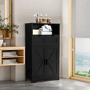 WEENFON Bathroom Cabinet, Floor Cabinet with 2 Doors & 2 Drawers, Bathroom Storage Cabinet with Adjustable Shelf, Freestanding Wooden Storage Organizer for Bedroom, Living Room, Hallway, Black