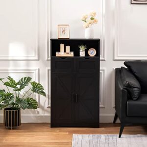 WEENFON Bathroom Cabinet, Floor Cabinet with 2 Doors & 2 Drawers, Bathroom Storage Cabinet with Adjustable Shelf, Freestanding Wooden Storage Organizer for Bedroom, Living Room, Hallway, Black