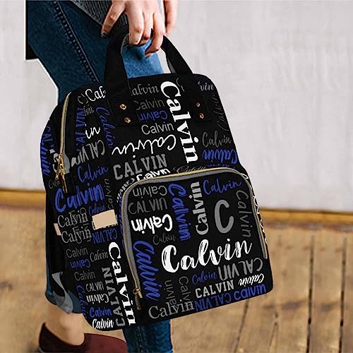 Artsadd Personalized Diaper Bag with Name, Customized Black and Blue Monogram Nappy Backpack with Thermal Pockets Multi-function Baby Bags Handbag Shoulder Bag for Girls Boys