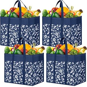 wowbox reusable grocery bags foldable tote bags bulk with reinforced handles shopping bags for groceries heavy duty large bags kitchen reusable grocery bags with waterproof coating 4-pack, blue