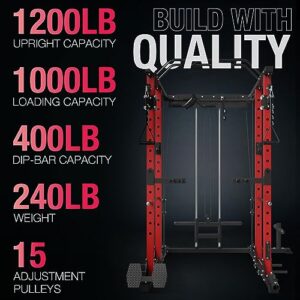 Mikolo Power Cage, 1500lbs Power Rack with LAT PullDown and Cable Crossover System, Squat Rack with Pulley System, Weight Cage for Home Gym with Training Attachments