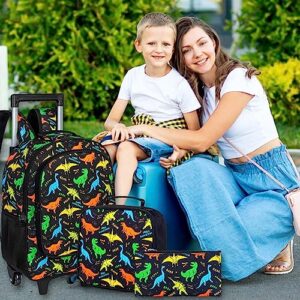 FTJCF 3PCS Rolling Backpack for Boys, Kids Dinosaur Roller Bookbag with Wheels, Wheeled School Bag Set for Elementary - Black