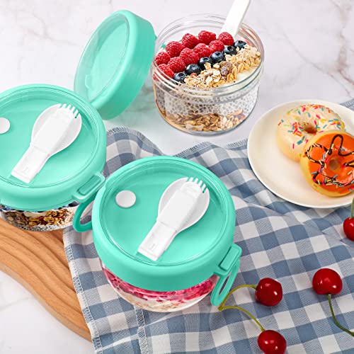 4 Pcs Overnight Oats Container with Lids and Spoons, 20 oz Plastic Overnight Oats Jars Large Capacity Airtight Yogurt Container for Milk, Fruit, Cereal and Salad Storage (Cyan)