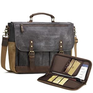 wogarl mens messenger bag 15.6 inch genuine leather waxed canvas computer laptop bag briefcase large satchel shoulder bag with leather portfolio,black