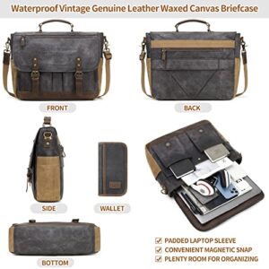 Wogarl Mens Messenger Bag 15.6 Inch Genuine Leather Waxed Canvas Computer Laptop Bag Briefcase Large Satchel Shoulder Bag with Leather Portfolio,Black