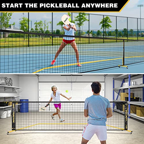 Fostoy Portable Pickleball Net with Wheels, Regulation Size 22 FT & Half Court 11 FT, 18-Ply PE Nets, Steady Metal Frame for All-Weather Resistant Play in Backyards, Driveways, and Garages