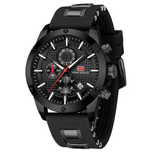 mini focus mens watch casual sports watches (chronograph/waterproof/luminous/calendar) silicon band fashion quartz watch for men (all-black)