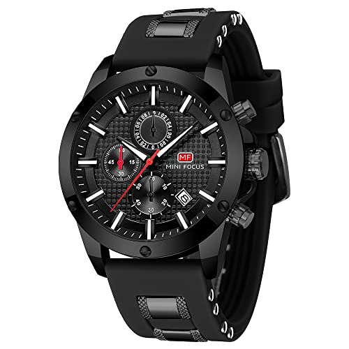 Mini Focus Mens Watch Casual Sports Watches (Chronograph/Waterproof/Luminous/Calendar) Silicon Band Fashion Quartz Watch for Men (All-Black)