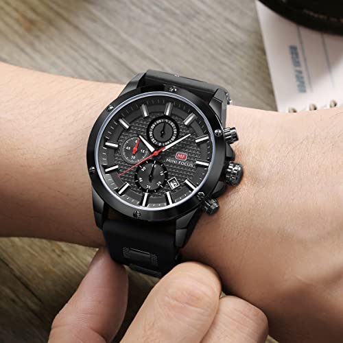 Mini Focus Mens Watch Casual Sports Watches (Chronograph/Waterproof/Luminous/Calendar) Silicon Band Fashion Quartz Watch for Men (All-Black)