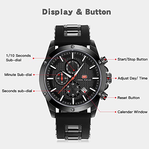 Mini Focus Mens Watch Casual Sports Watches (Chronograph/Waterproof/Luminous/Calendar) Silicon Band Fashion Quartz Watch for Men (All-Black)