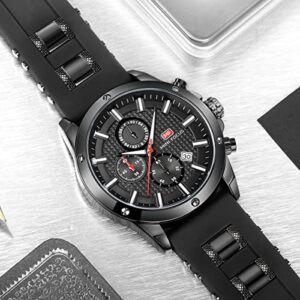 Mini Focus Mens Watch Casual Sports Watches (Chronograph/Waterproof/Luminous/Calendar) Silicon Band Fashion Quartz Watch for Men (All-Black)