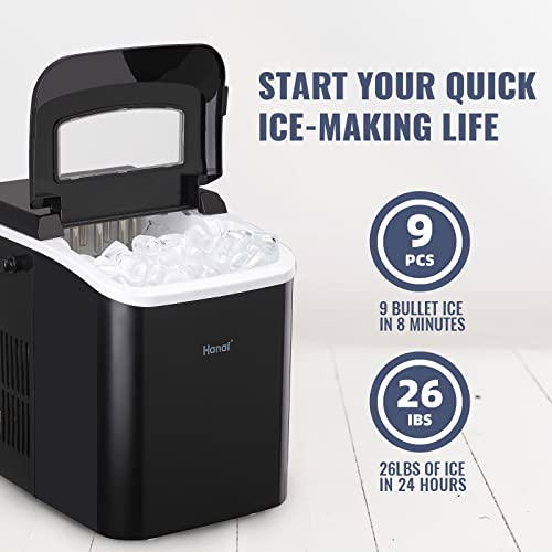 Ice Maker Countertop Portable Ice Maker 9 Cubes Ready in 7-8Mins, 26.5lbs in 24Hours, Ice Maker Machine with Ice Scoop and Basket, Electric Ice Maker Countertop for Home Kitchen Bar Party Black