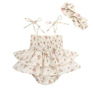 Baby Girl Floral Romper Dress Newborn Infants Sleeveless Summer Straps Dress Rompers Playsuit with Headband (I-Beige, 0-6 Months)