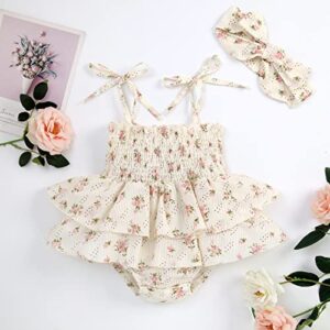 Baby Girl Floral Romper Dress Newborn Infants Sleeveless Summer Straps Dress Rompers Playsuit with Headband (I-Beige, 0-6 Months)