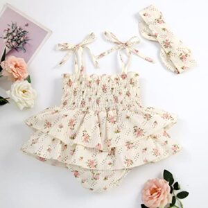 Baby Girl Floral Romper Dress Newborn Infants Sleeveless Summer Straps Dress Rompers Playsuit with Headband (I-Beige, 0-6 Months)