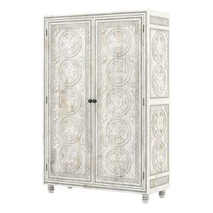 khalifa hand carved wardrobe armoire - weathered white finish mango wood