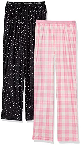 Calvin Klein Girls' Super Soft Brushed Microfleece Pajama Pant, 2-Pack, Black Heart/Pink Plaid, S