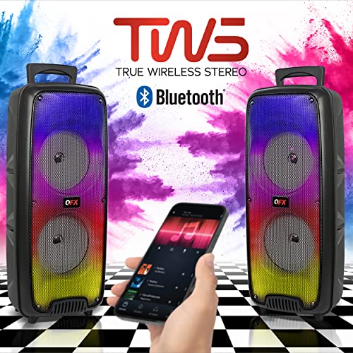 QFX LMS-66 TWS Bluetooth Rechargeable Portable Speaker with Dual 6.5" Speakers, EDR Communication, and Liquid Motion Party Lights