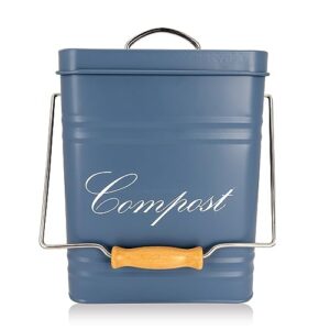 countertop compost bin for kitchen - rustic farmhouse countertop composting container - 1.7 gallon carbon steel pail for food scraps - metal bucket with lid, wooden handle & charcoal filter