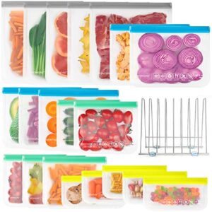 20 pack reusable food storage bags and 1 silicone bag drying rack, reusable freezer bags assorted sizes(5 snack bags+5 sandwich bags+5 quart bags+5 gallon bags) for fruits meat and veggies
