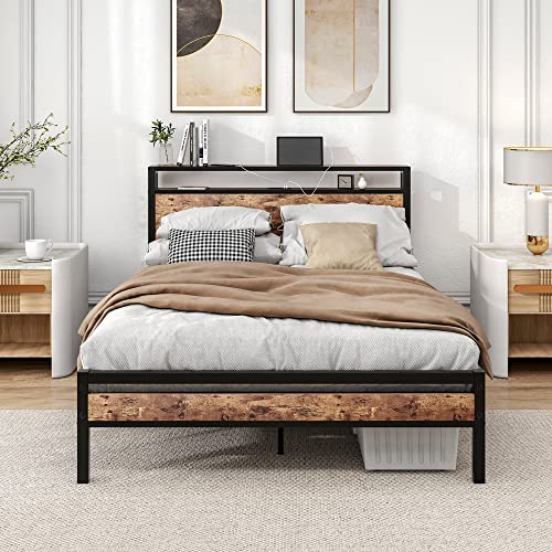 BOFENG Full Size Bed Frame with Storage Headboard/Charging Station,Heavy Duty Metal Platform Bed Frame Full,Reinforced Steel Slats Support, No Box Spring Needed/Easy Assembly/Noise Free/Rustic Brown