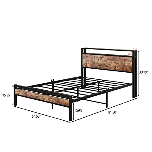 BOFENG Full Size Bed Frame with Storage Headboard/Charging Station,Heavy Duty Metal Platform Bed Frame Full,Reinforced Steel Slats Support, No Box Spring Needed/Easy Assembly/Noise Free/Rustic Brown