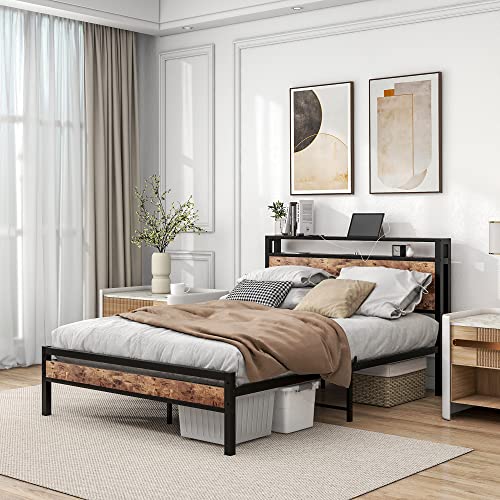 BOFENG Full Size Bed Frame with Storage Headboard/Charging Station,Heavy Duty Metal Platform Bed Frame Full,Reinforced Steel Slats Support, No Box Spring Needed/Easy Assembly/Noise Free/Rustic Brown