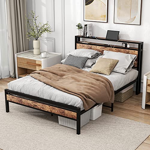 BOFENG Full Size Bed Frame with Storage Headboard/Charging Station,Heavy Duty Metal Platform Bed Frame Full,Reinforced Steel Slats Support, No Box Spring Needed/Easy Assembly/Noise Free/Rustic Brown