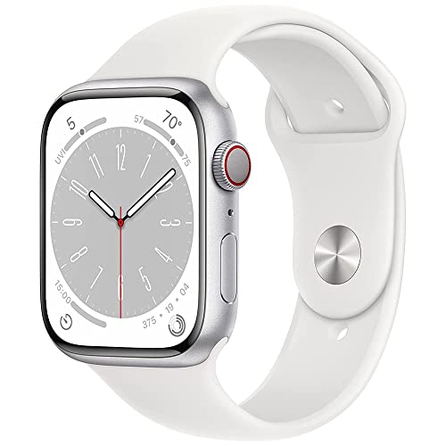 Apple Watch Series 8 (GPS + Cellular, 45MM) - Silver Aluminum Case with White Sport Band (Renewed)