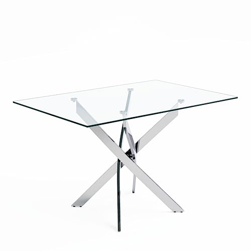 NIERN Tempered Glass Dining Table with Chromed Legs,47" Modern Rectangular Kitchen Table for Dining Room Kitchen,White