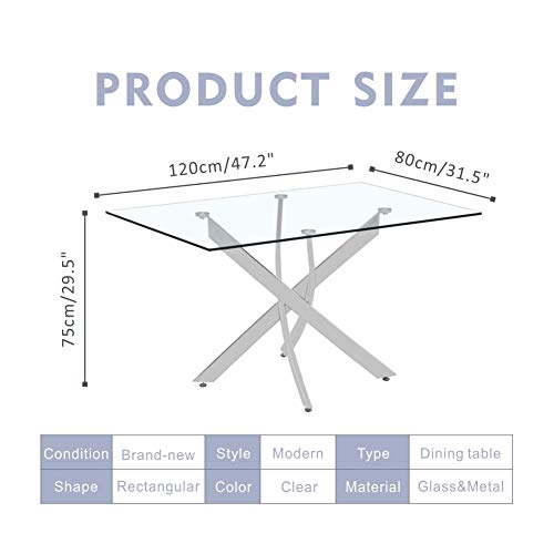 NIERN Tempered Glass Dining Table with Chromed Legs,47" Modern Rectangular Kitchen Table for Dining Room Kitchen,White