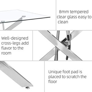 NIERN Tempered Glass Dining Table with Chromed Legs,47" Modern Rectangular Kitchen Table for Dining Room Kitchen,White