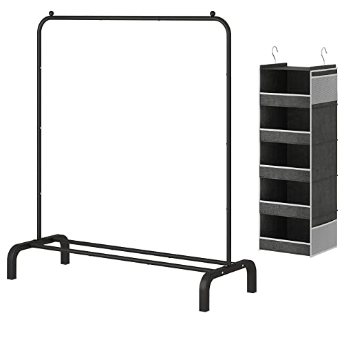 JIUYOTREE Metal Clothing Rack with Hanging Closet Organizer, 43.3 Inches Clothes Garment Coat Rack with Bottom Shelf, Clothing Rack for Hanging Clothes, Coats, Skirts, Shirts, Sweaters, Black