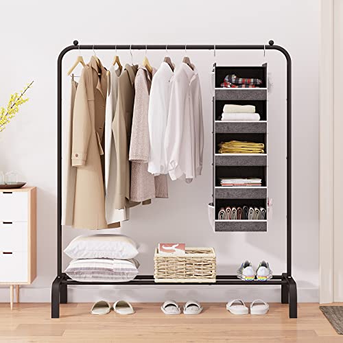 JIUYOTREE Metal Clothing Rack with Hanging Closet Organizer, 43.3 Inches Clothes Garment Coat Rack with Bottom Shelf, Clothing Rack for Hanging Clothes, Coats, Skirts, Shirts, Sweaters, Black