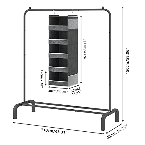 JIUYOTREE Metal Clothing Rack with Hanging Closet Organizer, 43.3 Inches Clothes Garment Coat Rack with Bottom Shelf, Clothing Rack for Hanging Clothes, Coats, Skirts, Shirts, Sweaters, Black