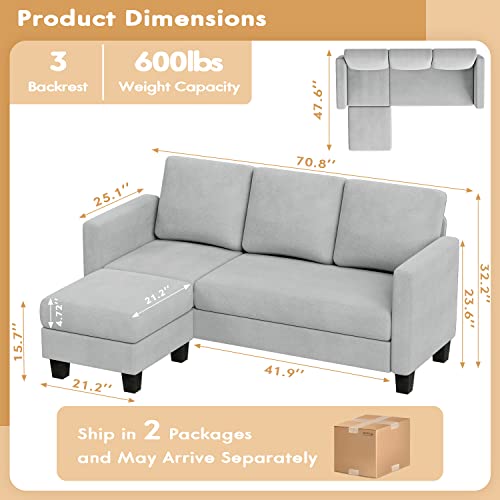 YESHOMY Convertible Sectional Small Sofa L-Shaped Couch Seat with Modern Linen Fabric, for Living Room, Apartment,Study and Office, 70", Light Gray