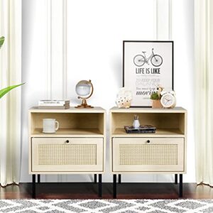 lamerge rattan nightstand set of 2, wooden end table, modern side table with storage drawer and opening shelf, accent table for living room, bedroom and small spaces, natural