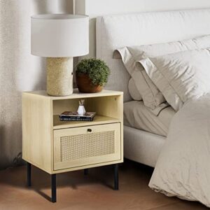 Lamerge Rattan Nightstand Set of 2, Wooden End Table, Modern Side Table with Storage Drawer and Opening Shelf, Accent Table for Living Room, Bedroom and Small Spaces, Natural