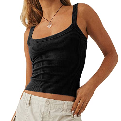 Women Ribbed Knit Sleeveless Crop Top Scoop Neck Slim Fit Cami Top Y2k Summer Basic Tank Top (A Black, S)