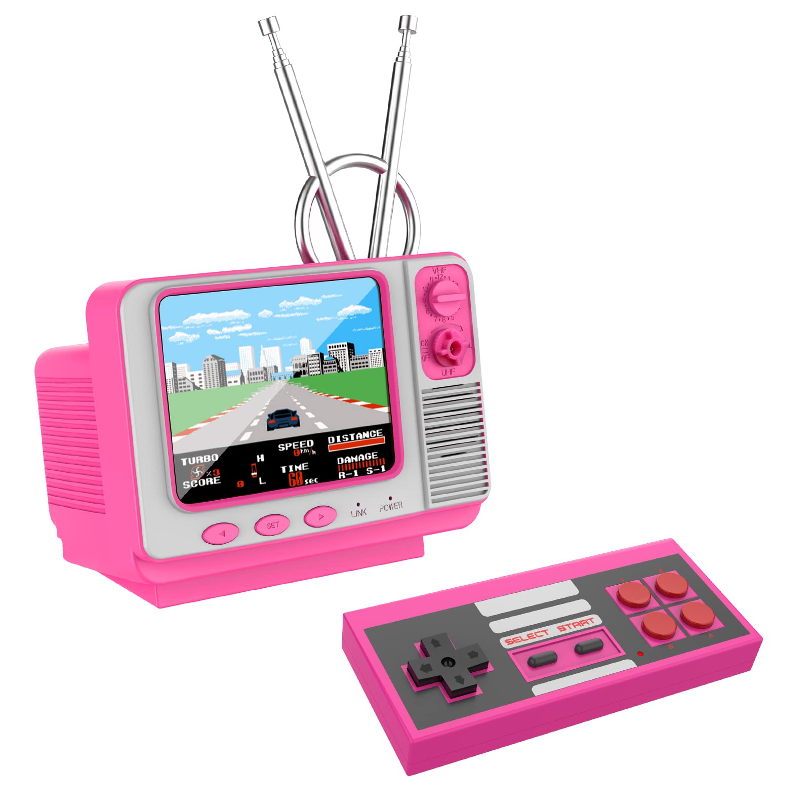 E-MODS GAMING Retro Games Console GV300S Mini TV Style 308 Video Games Player with Handheld Gamepad & AV Output - 3.0 Inch Screen Electronic Games Machine Xmas Gift for Kids Adults (Pink)