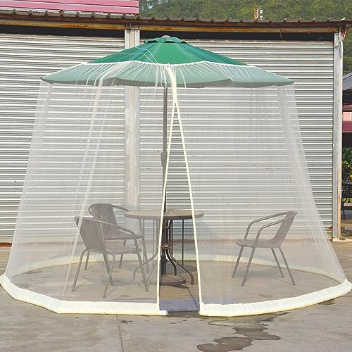 7.5-11 FT Beige Patio Umbrella Mosquito Net, Polyester Mesh Umbrella Screen, Universal Canopy Umbrella Mosquito Netting with Zipper Door and Adjustable Rope, Fits Outdoor Umbrellas and Patio Tables