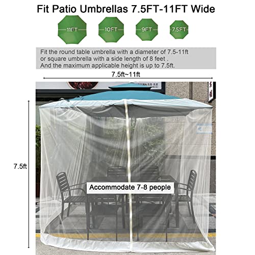 7.5-11 FT Beige Patio Umbrella Mosquito Net, Polyester Mesh Umbrella Screen, Universal Canopy Umbrella Mosquito Netting with Zipper Door and Adjustable Rope, Fits Outdoor Umbrellas and Patio Tables