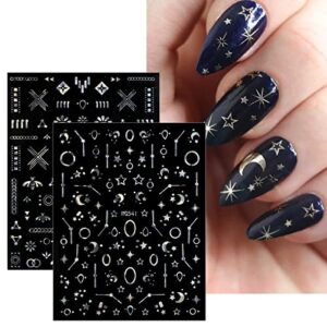 JMEOWIO 12 Sheets Moon Star Sun Nail Art Stickers Decals Self-Adhesive Pegatinas Uñas Gold Silver Nail Supplies Nail Art Design Decoration Accessories