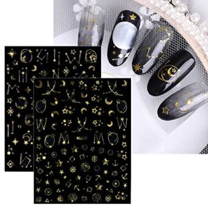 JMEOWIO 12 Sheets Moon Star Sun Nail Art Stickers Decals Self-Adhesive Pegatinas Uñas Gold Silver Nail Supplies Nail Art Design Decoration Accessories