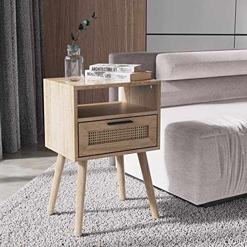 AmzYuga Nightstands Set of 2, Bedside Table with Drawer, Modern End Table with Open Storage, Bed Side Table with Solid Wood Feet for Bedroom Set of 2, Boho Night Stands, Accent Tables, Natural