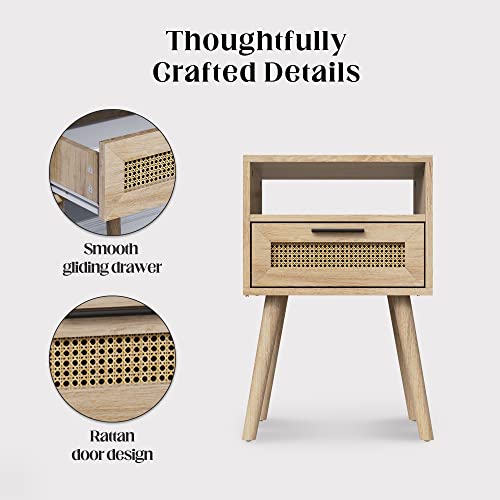 AmzYuga Nightstands Set of 2, Bedside Table with Drawer, Modern End Table with Open Storage, Bed Side Table with Solid Wood Feet for Bedroom Set of 2, Boho Night Stands, Accent Tables, Natural