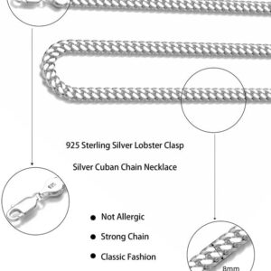 Waitsoul 925 Sterling Silver Cuban Chain Lobster Clasp 8mm Silver Cuban Link Curb Chain Necklace for Men Women Diamond Cut 20 Inches